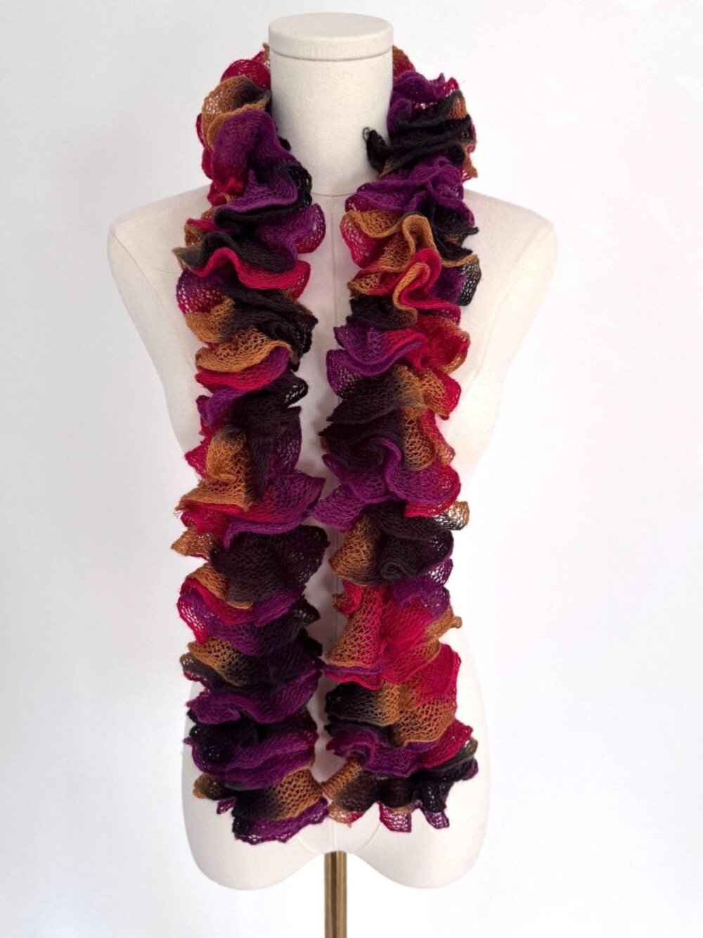 Vintage red multicolor ruffled frilly crochet hand knitted whimsical long scarf
